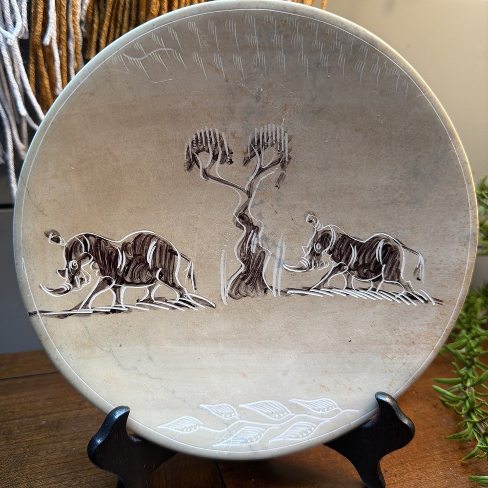 Hand Painted Carved Soapstone 8" Bowl Etched Safari Kenya African Art Decor